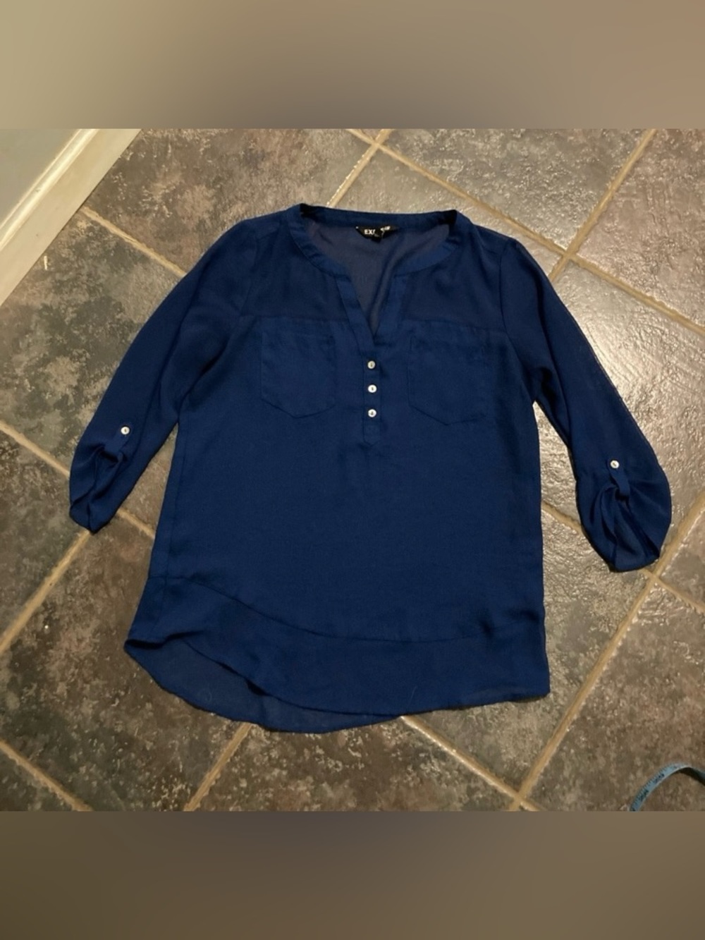 Express Navy Blue Semi-Shear Blousr with V-Neck 3/4 Sleeves Women’s Size S